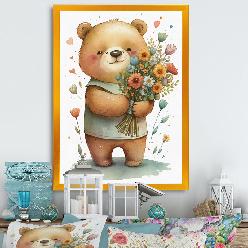 «Teddy Bear Love Hold Flowers I», reproduction sur toile, L 24 po x H 32 po, Impression dorée sur toile encadrée
