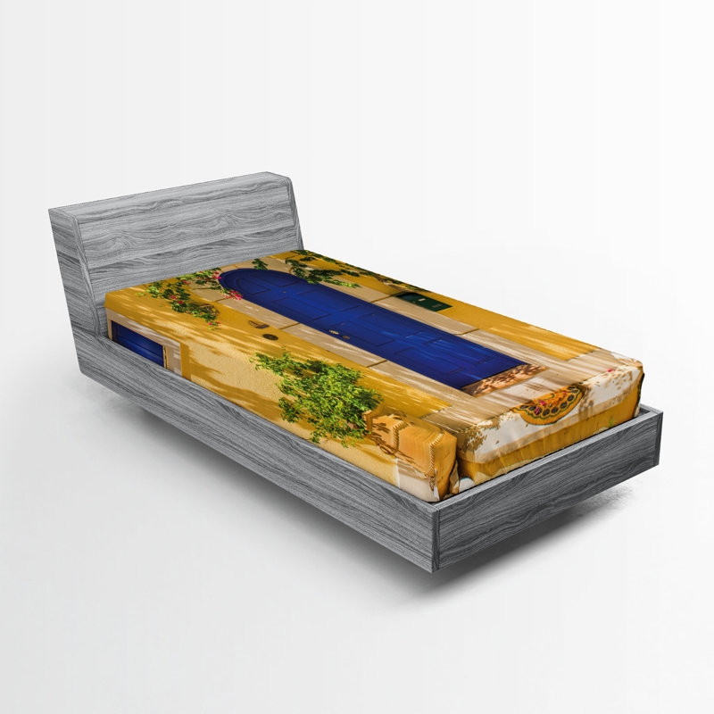 Ambesonne Yellow and Blue Fitted Sheet 2-Pack Greek House Multicolor, Twin Sheet Set
