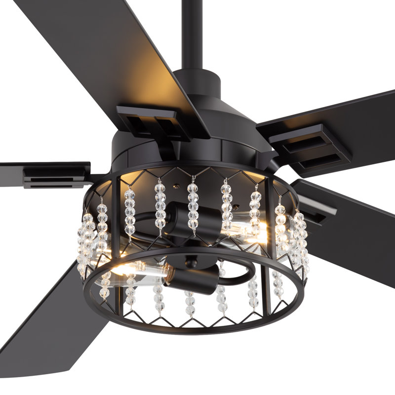 52" Crystal Ceiling Fan With Lights And Remote, Modern Black Ceiling Fan Chandelier With 5 Blades, Reversible Motor, Crystal Cage Light Fixture For Bedroom, Living Room, Dining Room