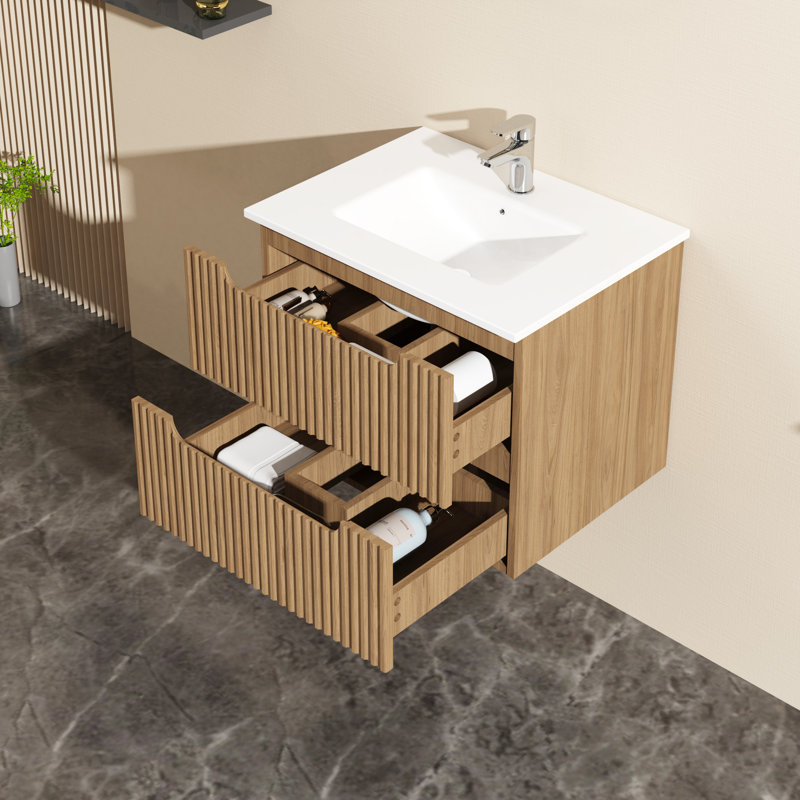 Meuble-lavabo de 24 po avec deux grands tiroirs en noyer, remplissable, glissières à fermeture en douceur, en forme de U pour drain, tiroirs en noyer de style Mid-Century contemporain et classique