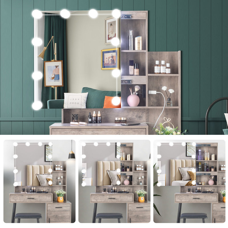 Gray Makeup Vanity With Lights