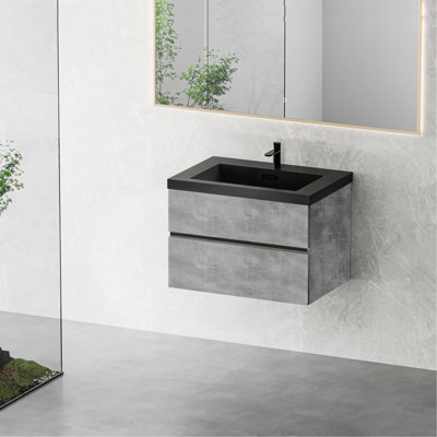 Meuble-lavabo flottant 30 po avec lavabo, meuble-lavabo mural moderne avec lavabo à quartz noir et tiroirs à fermeture en douceur, gris ciment série EDI