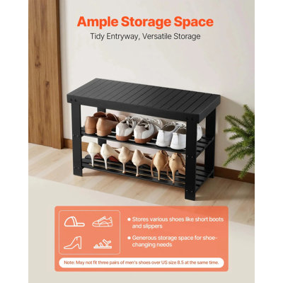 Shoe Rack Bench, 3-Tier Bamboo Entryway Bench, Shoe Storage Organizer Holds Up to 286 lbs, 27.6 x 11.3 x 17.8 Inches, for Front Door, Hallway, Living Room, Bedroom, Black