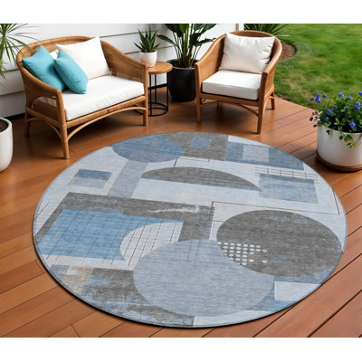 Tapis d'intérieur rond lavable géométrique bleu et gris 8 pi Fabre