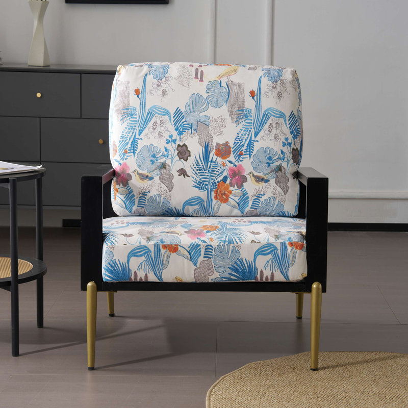 Fauteuil Art avec siège en velours floral bleu et cadre en bois
