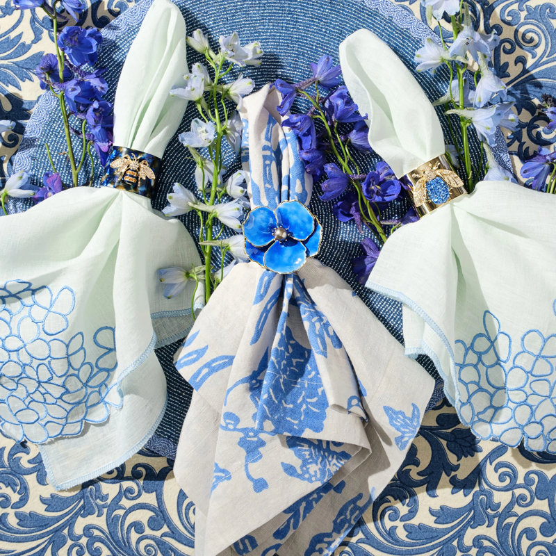Enamel Flower Napkin Rings, Blue/Shiny Gold