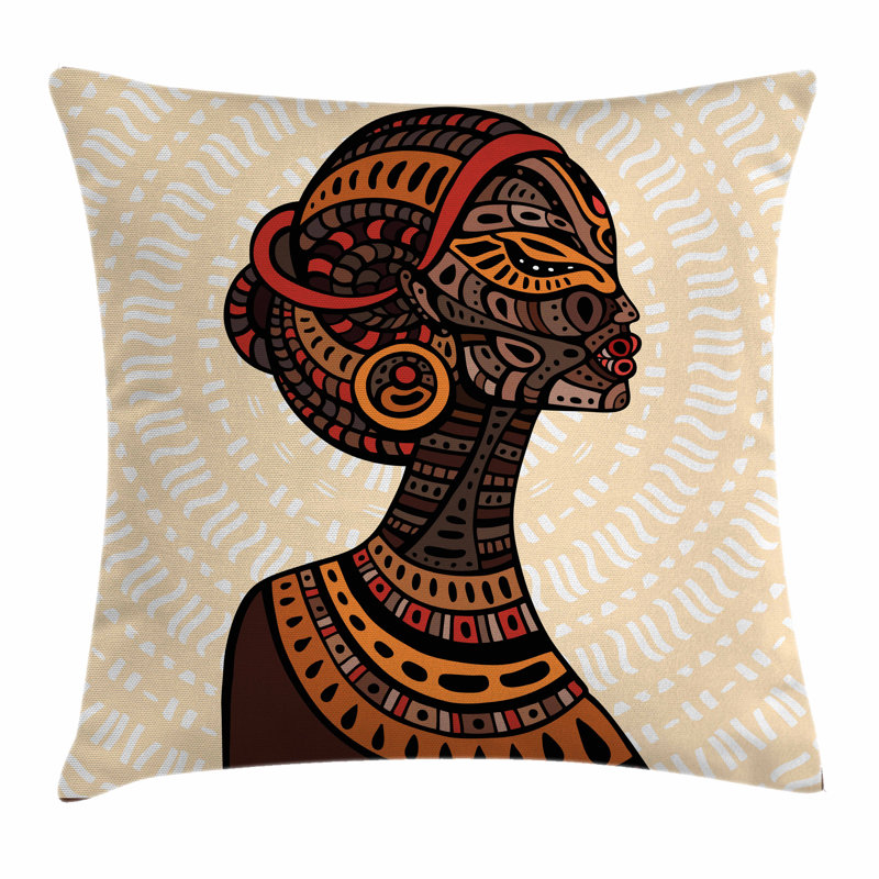 African Woman Portrait Folk Art Square Pillow Cover, 16" x 16"