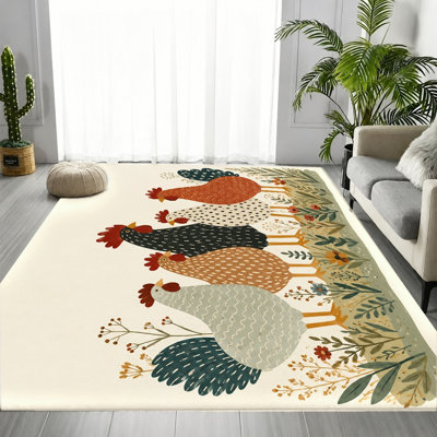 Charming Rooster Farmhouse Area Rug, Whimsical Chicken Pattern, Stain Resistant Non-Slip Floor Protection Mat, Vibrant Indoor Decor for Living Room, Bedroom, Kitchen, Entryway