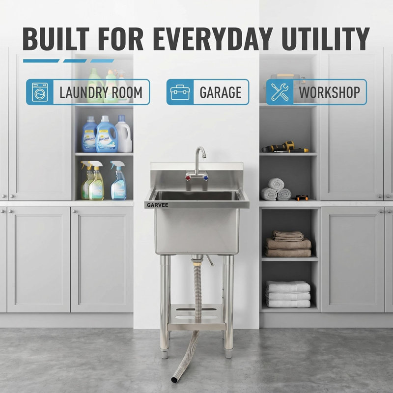 Évier utilitaire autoportant en acier inoxydable 21 po x 18 po x 41 po, double cuve avec plateforme gauche et robinet escamotable, évier de garage pour atelier, salle de bricolage, toilettage pour animaux de compagnie, surface facile à nettoyer