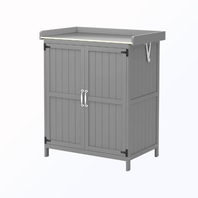 Banc de table d'extérieur en métal avec 2 portes, armoire et tablette