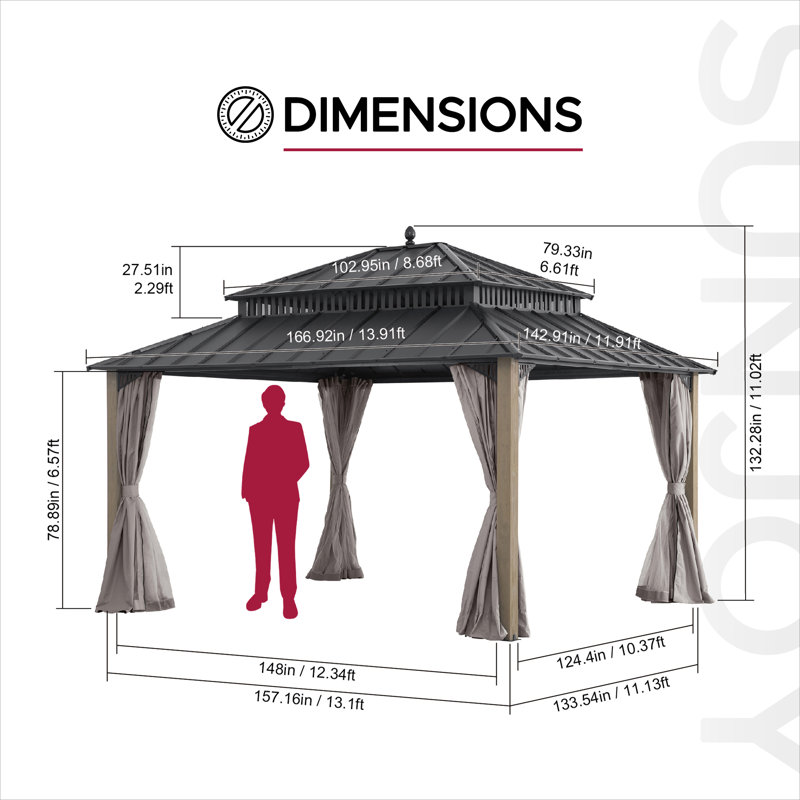 SUNJOY Kingston 14x12 Gazebo, Steel Hardtop Gazebo with Curtain and Netting - Cedar Posts, 14x12