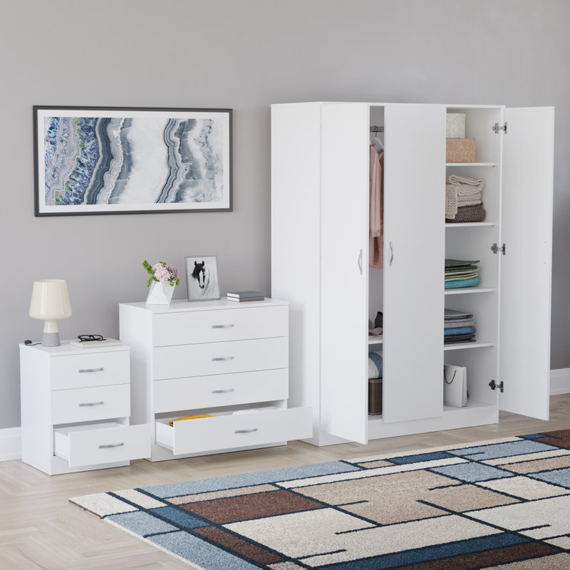 Maybery 3 Piece Bedroom Set (3 Drawer Bedside Chest, 4 Drawer Chest, 3 Door Wardrobe), (5), White