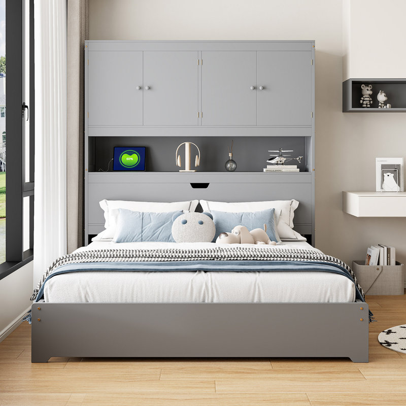Lit plateforme double en bois avec USB, tête de lit et tiroirs de rangement, Gris
