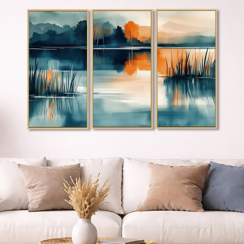 «Sunset Lake Simplicity - Blue Forest», art mural 3 pièces, H 32 po x l 48 po, Cadre naturel flottant