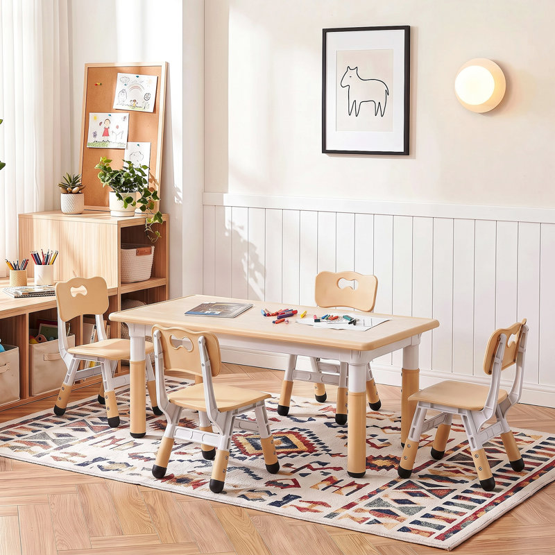 Kids Table and 4 Chair Set, Height Adjustable Toddler Table and Chair Set, Non-Slip Legs, Graffiti Desktop, Large Children Activity Table