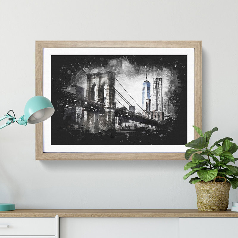Brooklyn Bridge in New York - Picture Frame Painting Print, 33cm H x 45cm W x 2cm D, Oak Framed