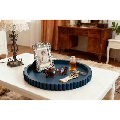 12" Round Fluted Solid Wood Decorative Tray for Coffee Table & Home Decor
