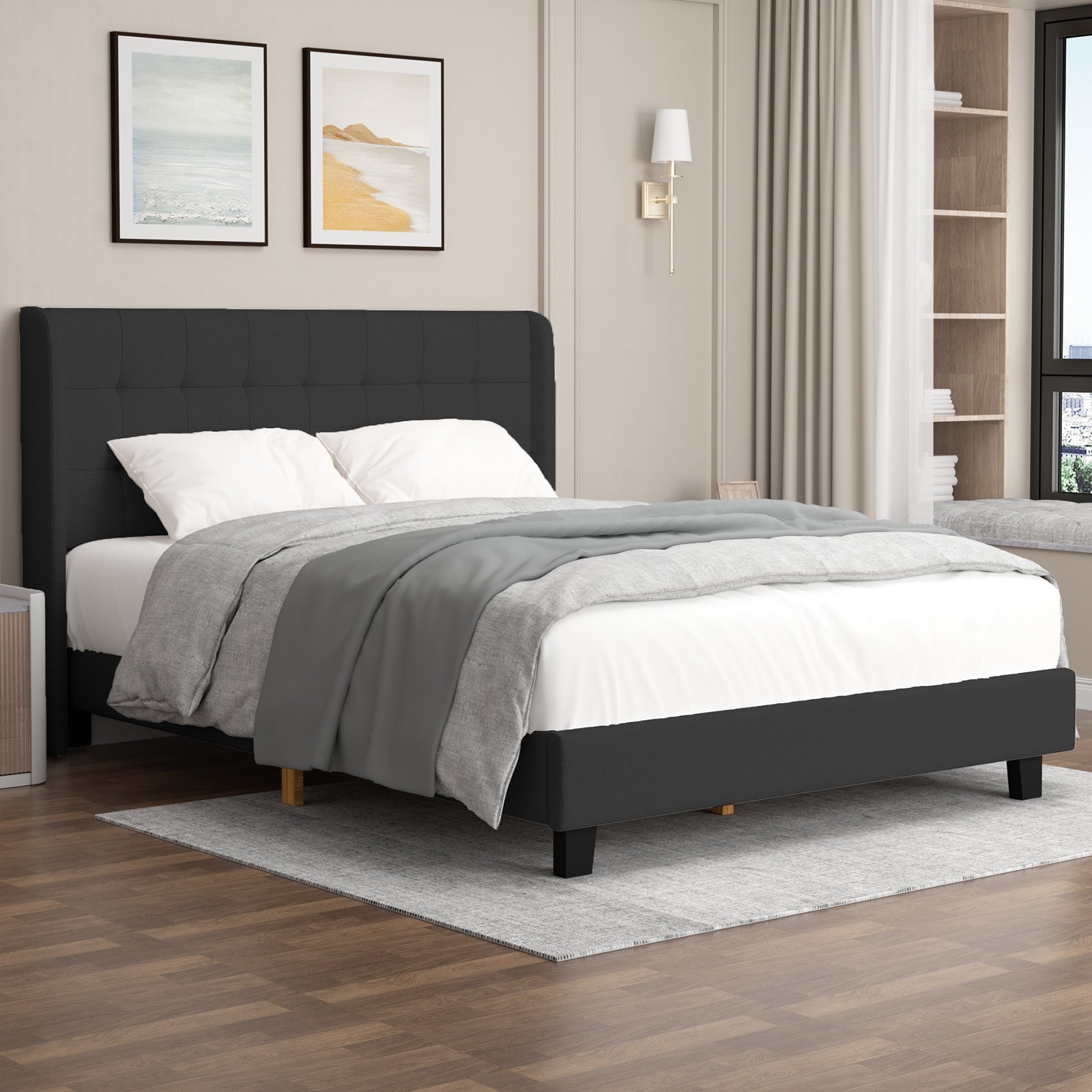 Gray Wood Frame Queen Size Linen Upholstered Platform Bed Frames