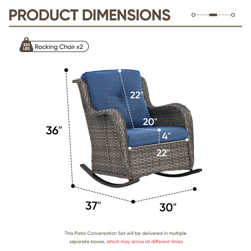 Chaise berçante d'extérieur en osier avec coussins Aralin, Bleu, Gris