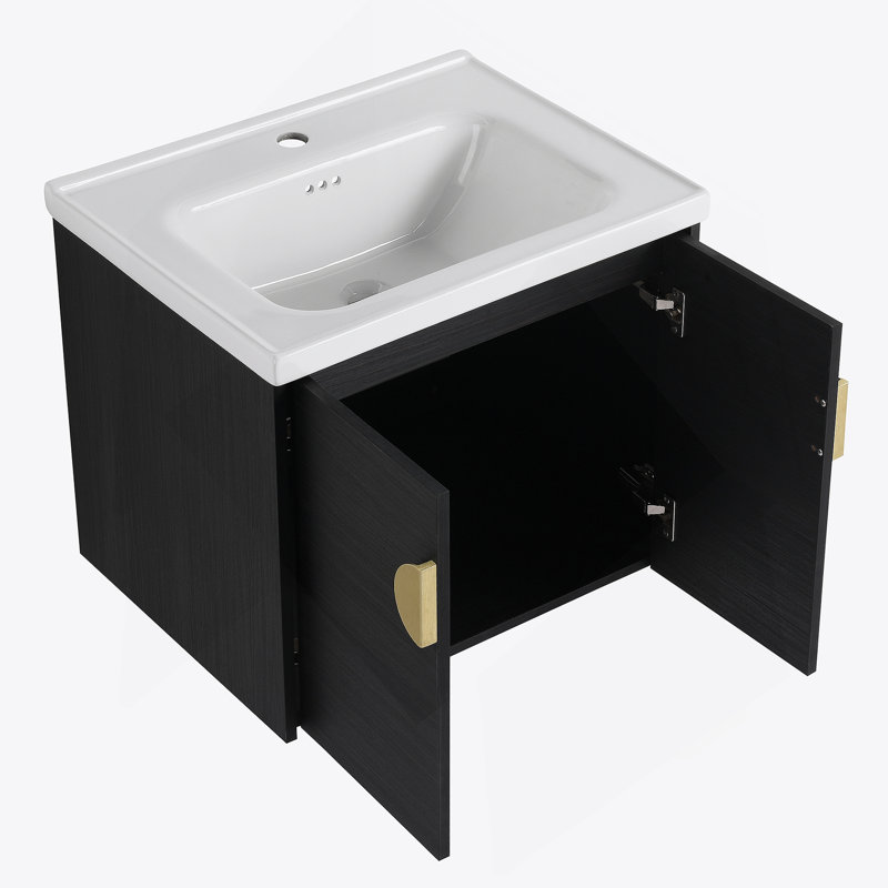 Meuble-lavabo à fermeture en douceur de 60 pouces avec lavabo et petites tablettes de rangement, Noir