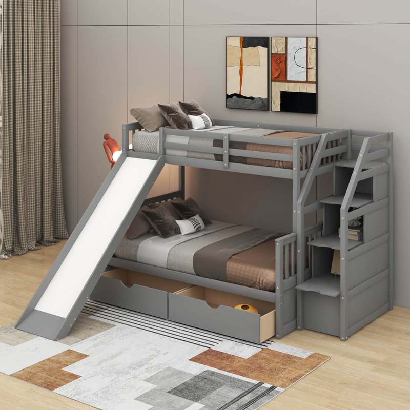 Lit simple superposé au dessus d'un lit double avec tiroirs et glissade, Gris