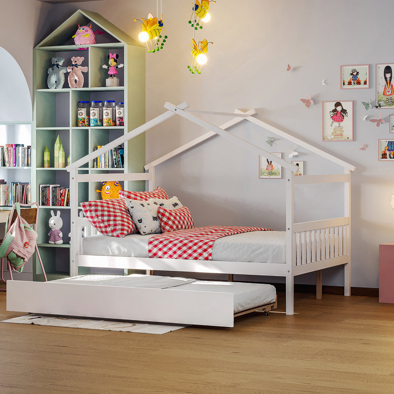 Saunderton Wooden House Bed with Trundle, White, Full