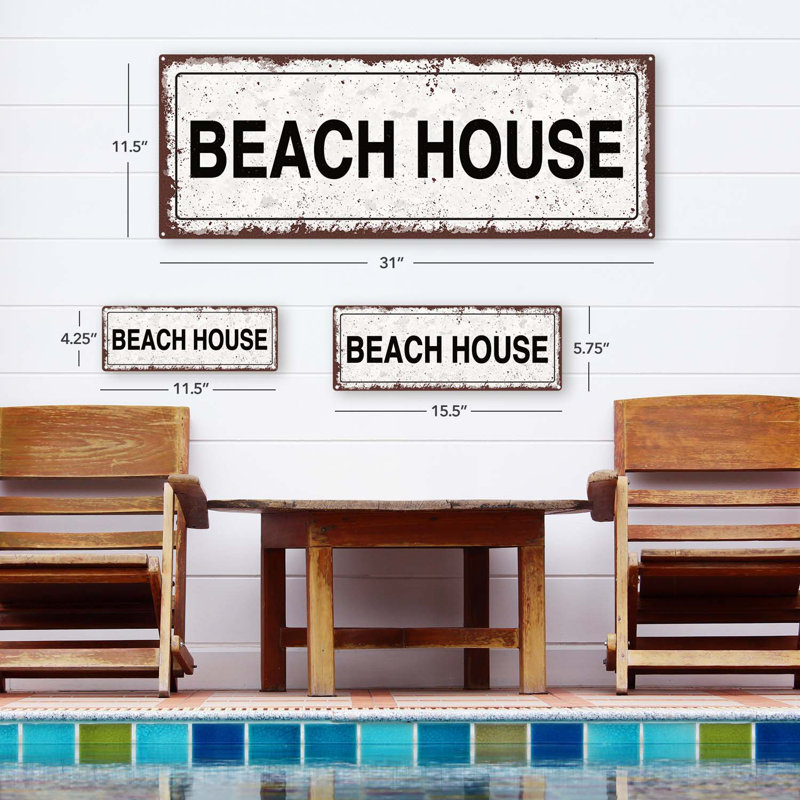 «Beach House Metal Sign» sur métal, H 11,5 po x l 31 po