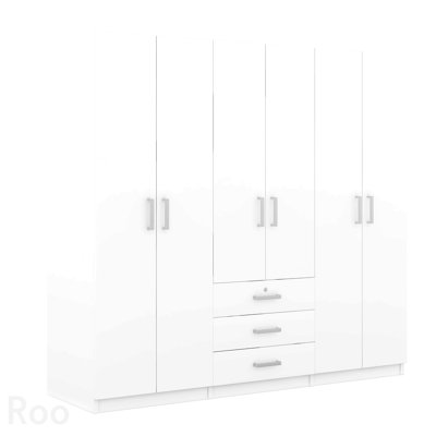 Armoire de rangement en bois à 6 portes avec grands tiroirs, fini blanc