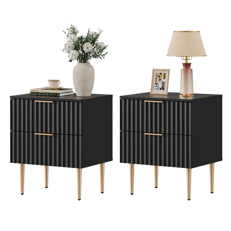 White and Gold Fluted 2-Drawer Nightstand Set