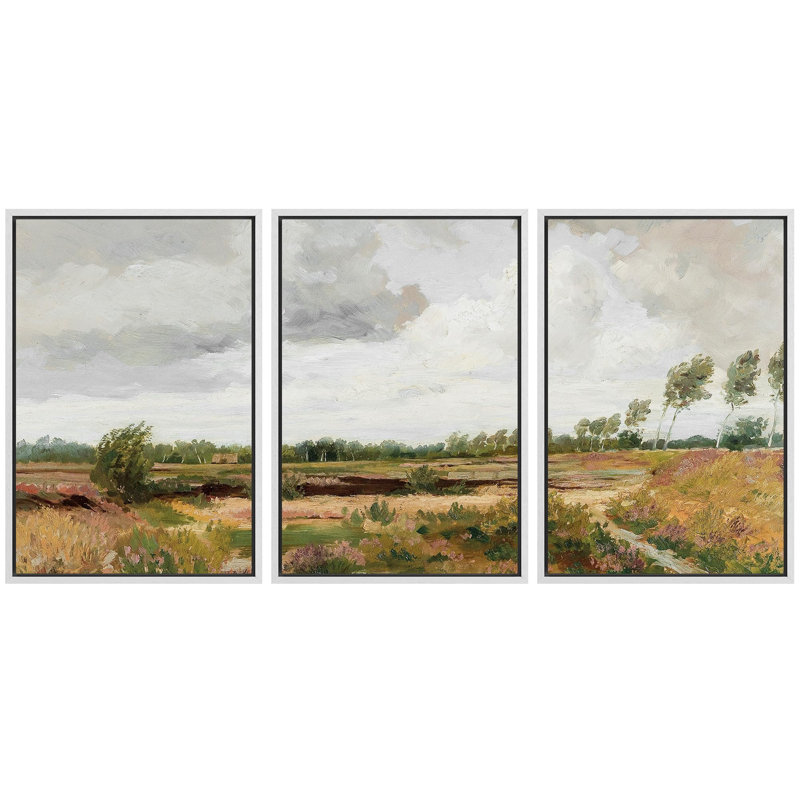 «Campagne, tranquillité, champ serein, nature, désert, décor, décor, panoramique, terre panoramique», 3 pièces, Cadre blanc