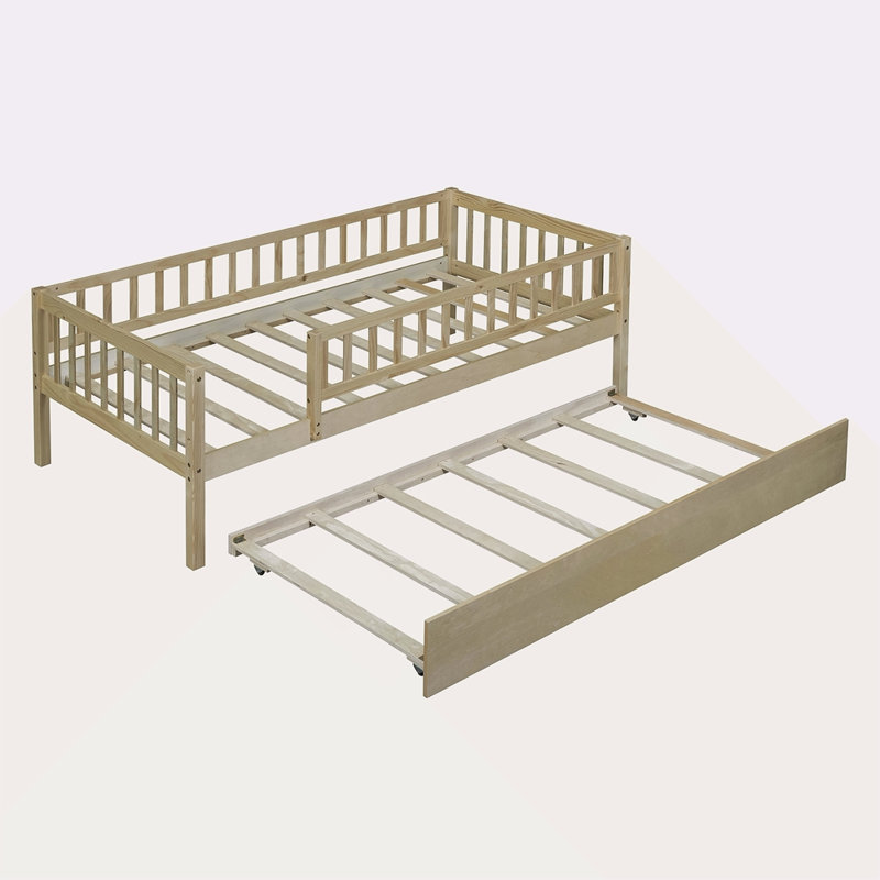 Lit de jour en bois avec couchette et garde-corps, Simple, Naturel