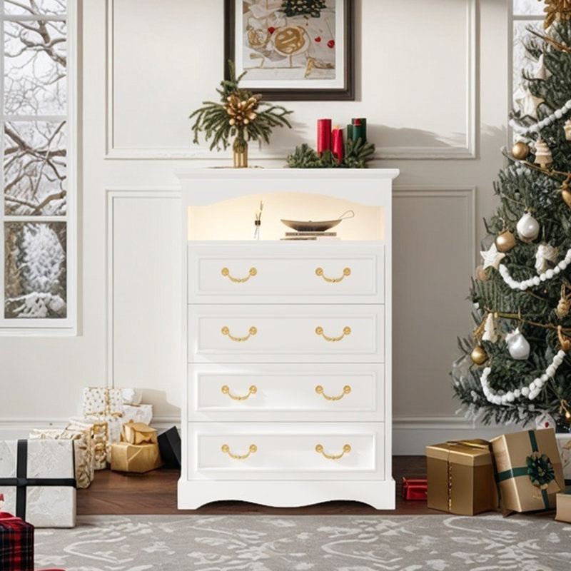 31.5"W Farmhouse 4 Drawer Dresser With LED Light,Tall Chest of Drawer With Anti-Tip for Bedroom,Dresser Organizer With Media Shelf