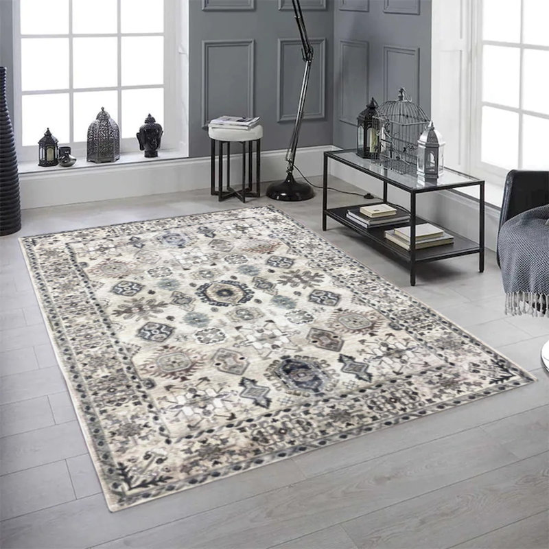 Tapis géométrique tissé à la machine en beige, sable, crème et brun, Tapis de couloir 2,6 pi x 7,6 pi