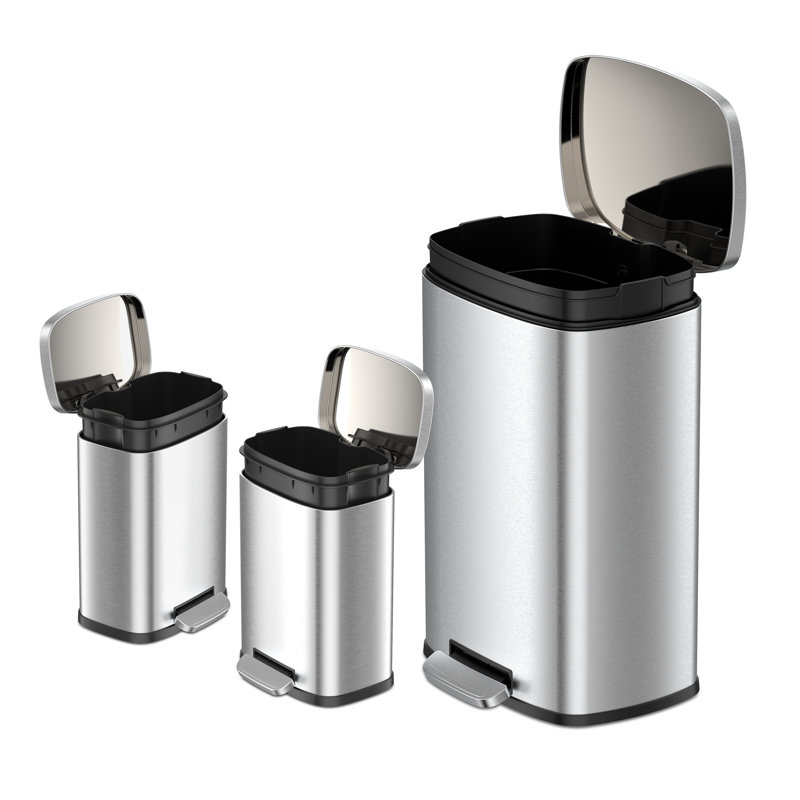 Qualiazero 13.2 Gallon & Two 1.3 Gallon Stainless Steel Rectangular Step On Trash Can Set, Silver