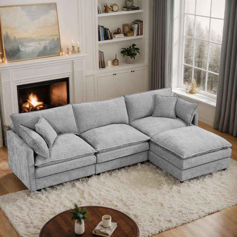 【2 Packages Shipping】Eyisean 102" Chenille Modular Sectional Sofa with Ottoman, 3-Seater L Shape Cloud Couch with Upholstered & Pillow, Comfy Sleeper Sofa for Living Room, Bedroom, Office, Easy Assembly