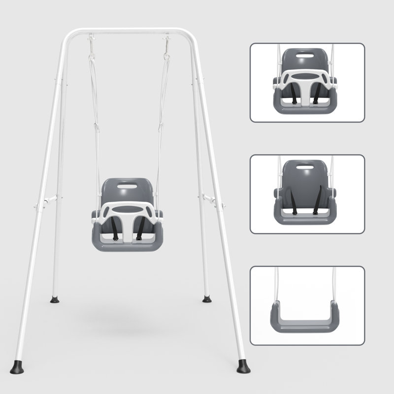 Balançoire pour tout-petits avec support métallique pliable, idéale pour l'intérieur et l'extérieur, à utiliser dans le jardin dès 6 mois. Couleurs : gris et blanc.