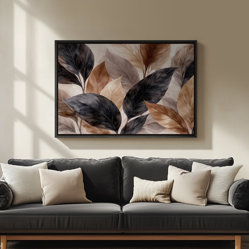 Art mural encadré sur toile - Feuilles botaniques neutres en composition beige et noire - 16 po x 24 po, 24 po x 36 po, Noir