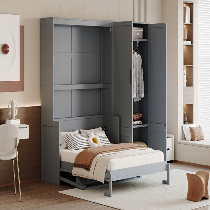 Grand lit escamotable mural avec placard, gris, Grey