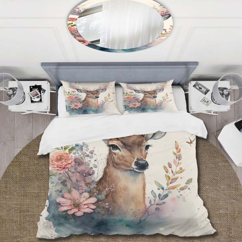 Cute Little Deer With Pink Flowers Microfiber / Polyester Duvet Cover SetMicrofiber / Polyester Duvet Cover Set