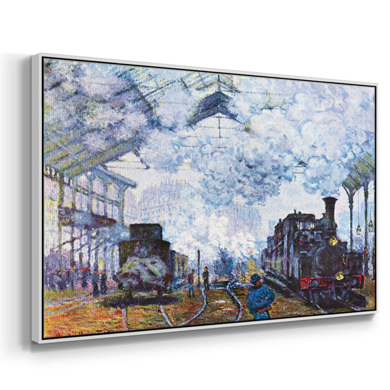 «Saint Lazare Station In Paris», arrivée d'un train par Monet sur toile, Toile avec cadre blanc, H 37 po x l 25 po x P 2 po