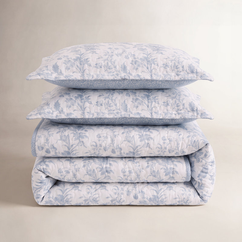 Laura Ashley Amberley Reversible Cotton Quilt Set, King Quilt + 2 Shams, Blue