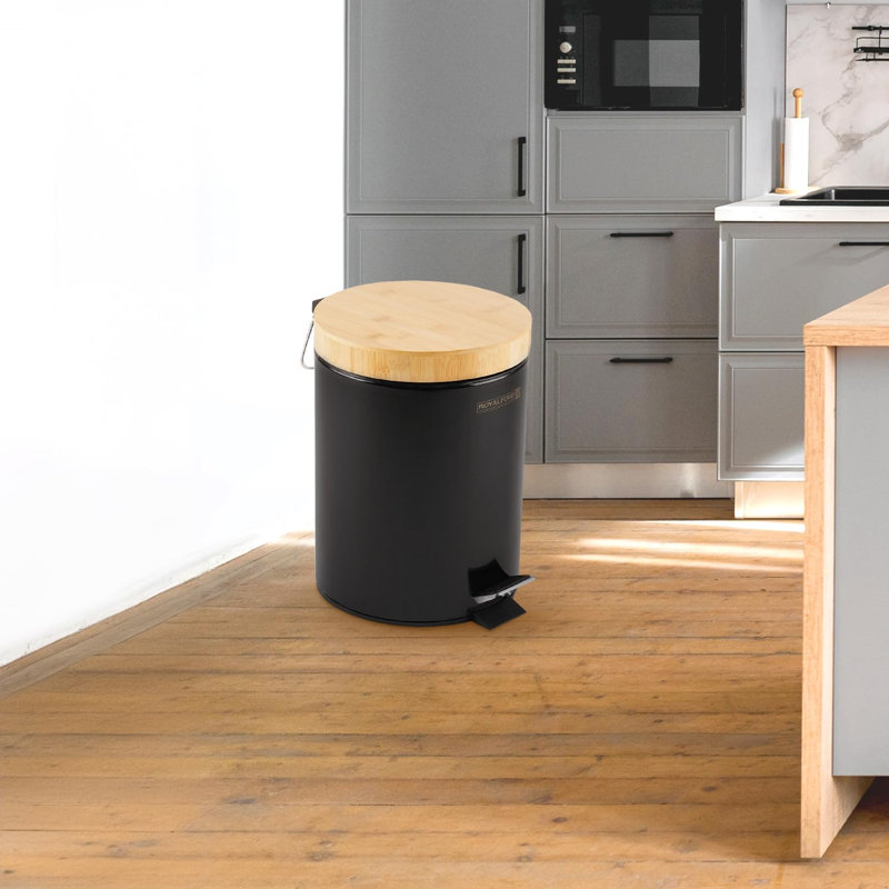 ROYALFORD Pedal Bin with Bamboo Lid and Removable Basket - Soft Close Round Waste Container for Kitchen, Bedroom, Bathroom, Office
