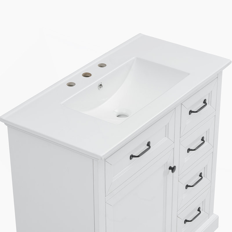 Meuble-lavabo 36 po avec lavabo en céramique, 2 tiroirs basculants, charnières de porte à fermeture en douceur, blanc, Blanc