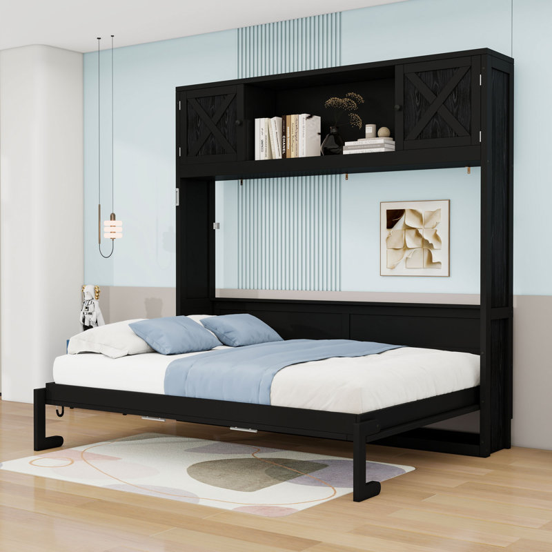 Lit escamotable en bois avec armoires de rangement, Noir