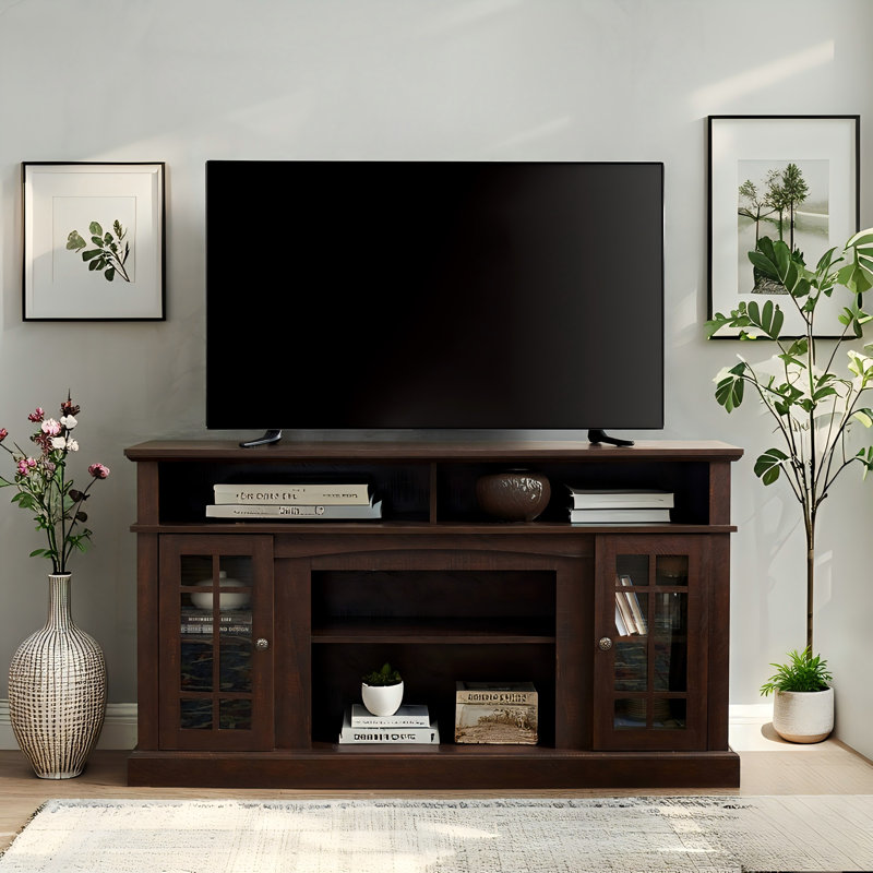 Classic Espresso TV Stand, Glass Doors & Storage For 65" Tvs, Brown