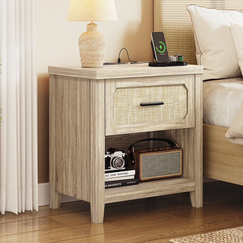 21.3'' W 1-drawer Nightstand With Open Shelf, End Table With Charging Station