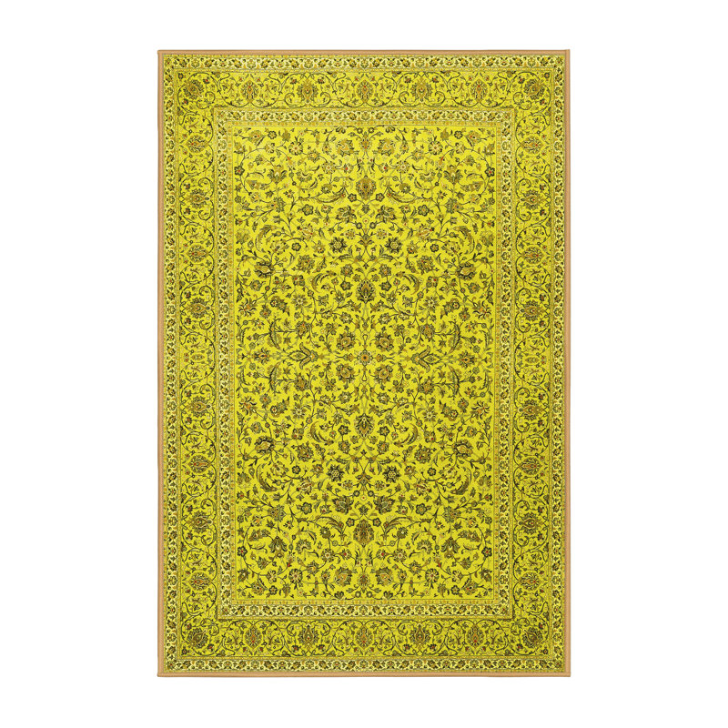 Tapis traditionnels jaunes lavables à la machine 1045, Rectangle 7 pi x 9 pi