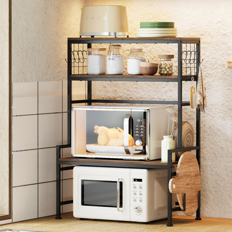 Microwave Oven Rack Kitchen Countertop Organizer Stand Spice Rack With Adjustable Shelf And 10 Hooks,Wooden Counter Organizer Stand With Cutting Board Holder, Brown