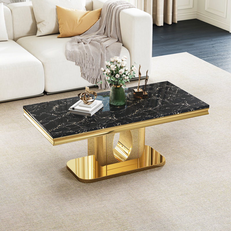 Modern Marble Coffee Table, 46.85" Rectangular Faux Marble, Luxury Mirrored Round Hollow Stainless Steel Base, Cocktail Table, Center Table