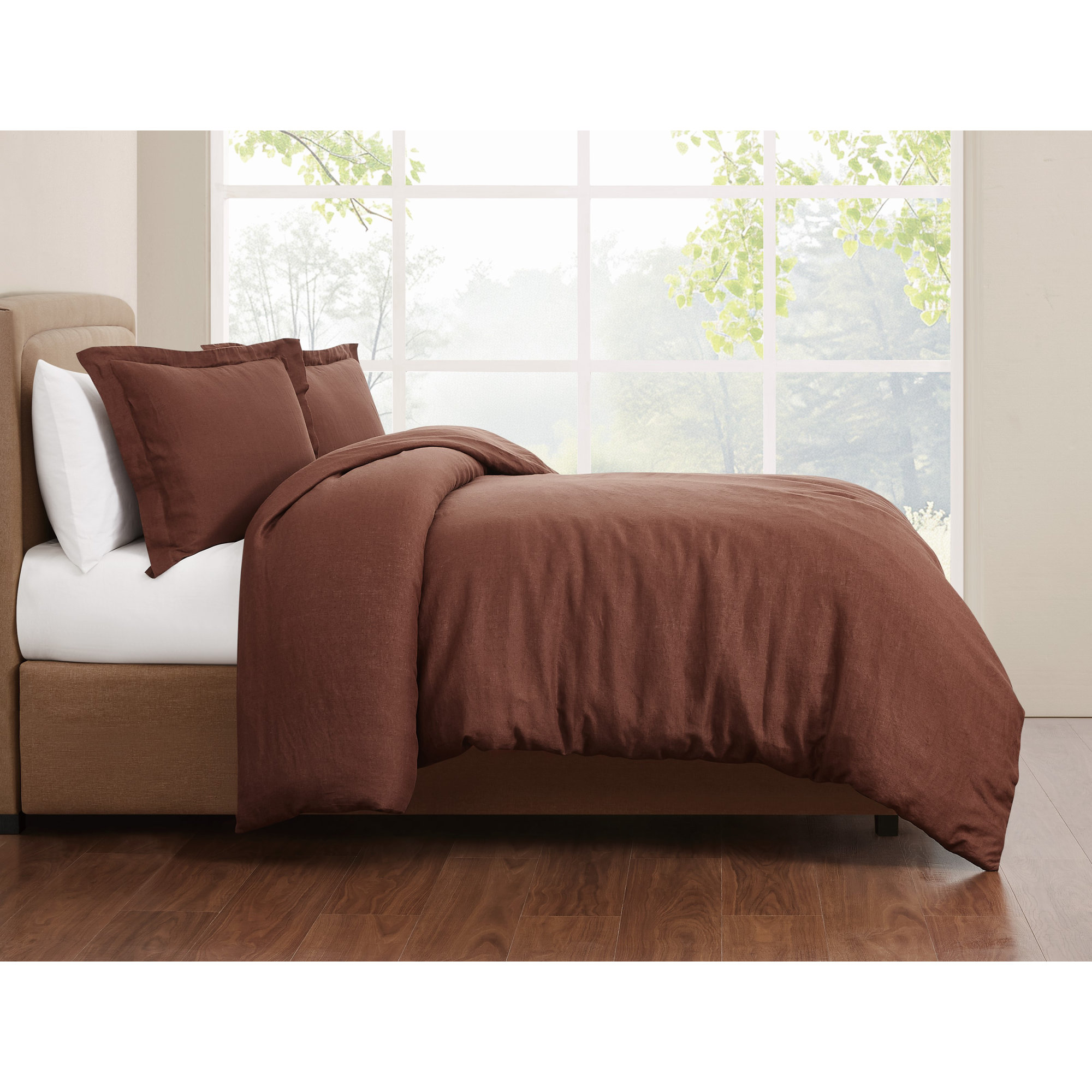 Nena 100% Linen Percale Duvet Cover Set, Full / Queen, Brown